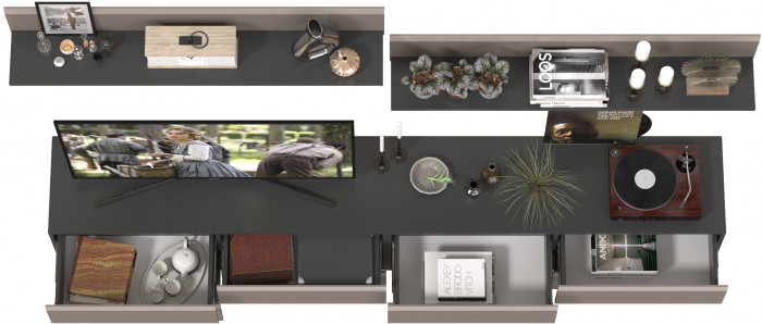 Сидней Комплектация № 044, цвет корпус: антрацит/фасады: МДФ веллюто капучино, ШхГхВ 260х41,3х200 см., ниша для ТВ 130х41х100 см., универс. сборка