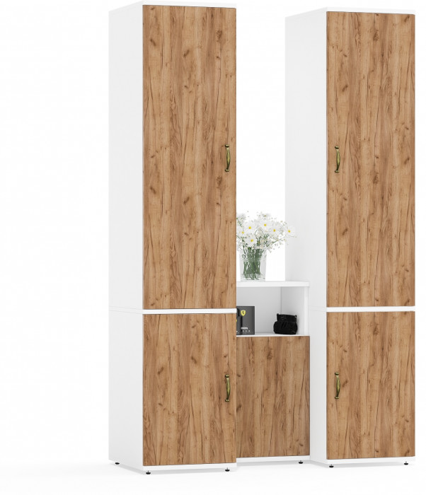 Лидер-8 Пенал МД 23Б + Пенал МД 23Б + Тумба МД 3.19, цвет белый шагрень/крафт золото, ШхГхВ 120х50х190 см., универсальная сборка