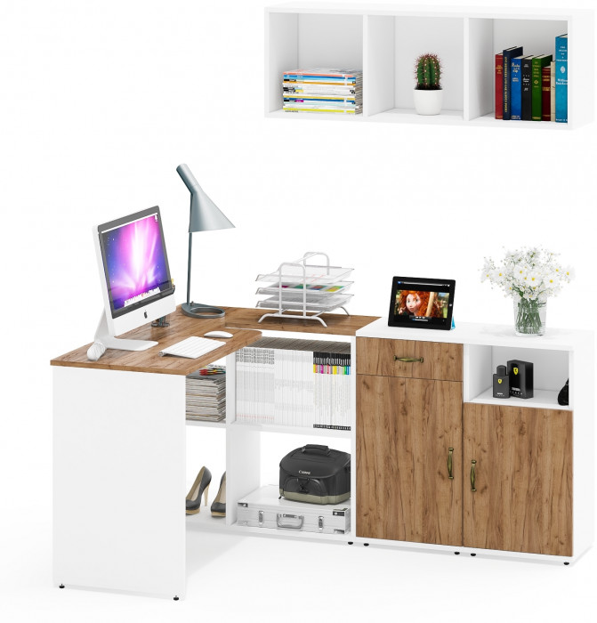 Лидер-8 Стол + Полка + Тумба МД 3.15 + Тумба МД 3.19, цвет белый шагрень/крафт золото, ШхГхВ 245х50/30х75/190 или 115х50/160х75/190 с, НЕ универс. сб.