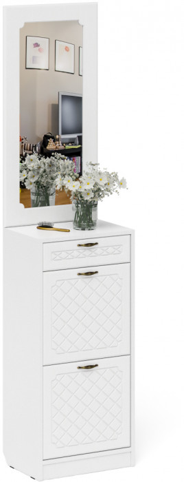 Прихожая П-6 Тумба для обуви 2 секции + Зеркало, цвет белая шагрень/фасады МДФ белое дерево фрезеровка ромб, ШхГхВ 50х35х210 см.