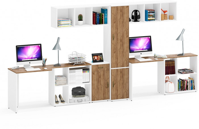 Лидер-8 Стол + Полка + Стол + Полка + Пенал МД 22Б + Тумба МД 3.15, цвет белый шагрень/крафт золото, 410х50х75/190 или 230х160/50х75/190, НЕ ун. сб.