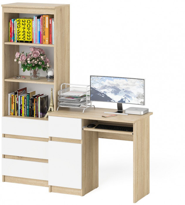 Мори Стол компьютерный МС-1 левый + Стеллаж МСТ600.3, цвет дуб сонома/белый, ШхГхВ 150,4х50х179,6 см., выдвижной ящик слева, НЕ универсальная сборка