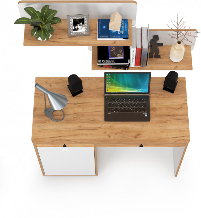 Вуди Стол письменный 12.42 + 2хПолка 15.46, цвет белый премиум/дуб крафт золотой, ШхГхВ 110х52,7х180 см., универсальная сборка