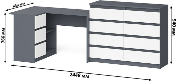 Мори Стол компьютерный МС-16 левый + Комод МК1200.8, цвет графит/белый, ШхГхВ 244,8х84,9х94 см., выдвижные ящики слева, НЕ универсальная сборка
