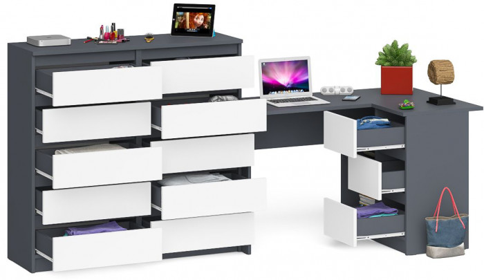 Мори Стол компьютерный МС-16 правый + Комод МК1200.10, цвет графит/белый, ШхГхВ 244,8х84,9х115 см., выдвижные ящики справа, НЕ универсальная сборка