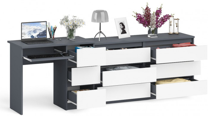Мори Стол компьютерный МС-6 правый + Комод МК1380.6, цвет графит/белый, ШхГхВ 228х50х76,6 см., выдвижные ящики справа, НЕ универсальная сборка