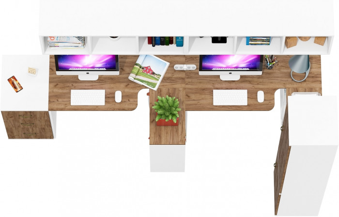 Лидер-8 Стол + Полка + Стол + Полка + Пенал МД 22Б + Тумба МД 3.16, цвет белый шагрень/крафт золото, 410х50х75/190 или 270х120/50х75/190, НЕ ун. сб.