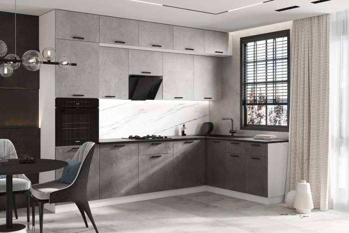 ЛДСП Кухня Рио NEW 3,0х1,8м Компановка №2 бетон светлый/бетон темный (кастилло)