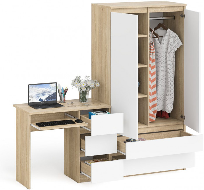 Мори Стол компьютерный МС-6 правый + Шкаф МШ900.1, цвет дуб сонома/белый, ШхГхВ 180,4х50,4х179,6 см., выдвижные ящики справа, НЕ универсальная сборка