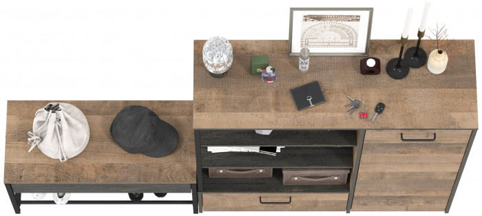 Трувор 13.241.03 Тумба для обуви + 13.307.01 Комод, цвет дуб гранж песочный/интра, ШхГхВ 189х36,9х106,9 см., универсальная сборка