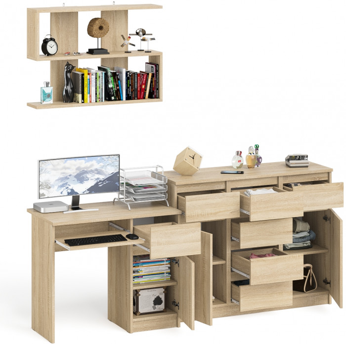 Мори Стол компьютерный МС-1 правый + Комод МК1200.4 + Полка 900, цвет дуб сонома, ШхГхВ 210,4х50х209,6 см., НЕ универсальная сборка