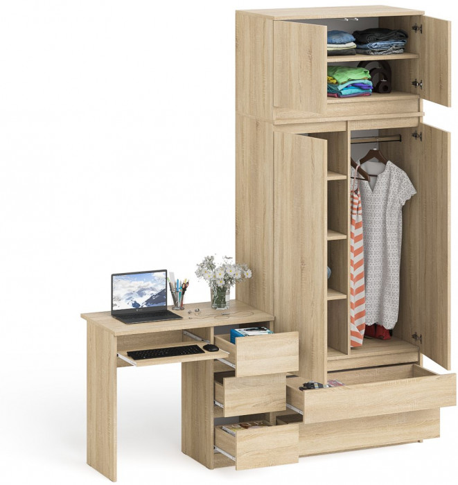 Мори Стол компьютерный МС-6 правый + Шкаф МШ900.1 + Антресоль МА900.1, цвет дуб сонома, ШхГхВ 180,4х50,4х234,2 см., выдвиж. ящики справа, НЕ ун. сб.