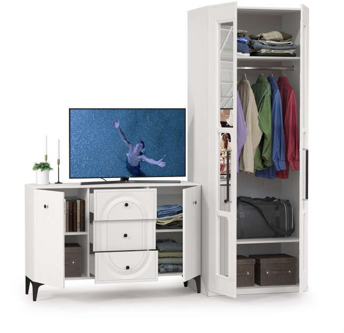 Валенсия Спальня 13.309 Комод + 13.329 Шкаф для одежды, цвет ЛДСП белый шагрень/МДФ белый шагрень, ШхГхВ 217,2х54,2х225,3 см.