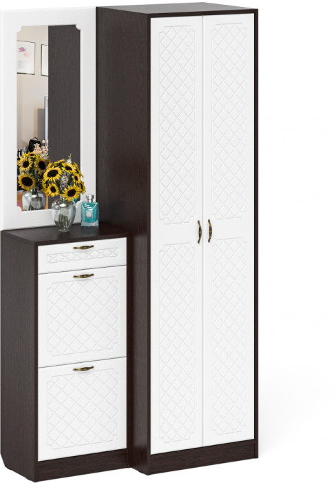 Прихожая П-6 Компоновка № 17, цвет венге/фасады МДФ белое дерево фрезеровка ромб, ШхГхВ 110х50х210 см., универсальная сборка