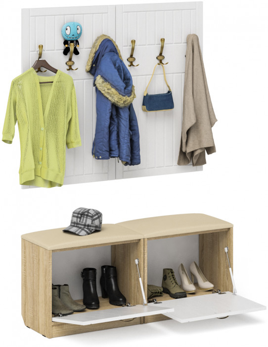 Прихожая П-6 Компоновка № 01, цвет дуб сонома/фасады МДФ белое дерево фрезеровка прованс, ШхГхВ 120х35х200 см.