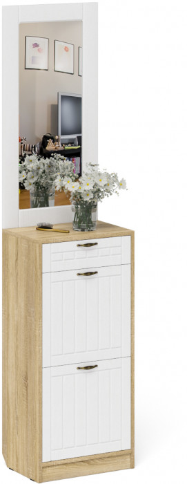 Прихожая П-6 Тумба для обуви 2 секции + Зеркало, цвет дуб сонома/фасады МДФ белое дерево фрезеровка прованс, ШхГхВ 50х35х210 см.