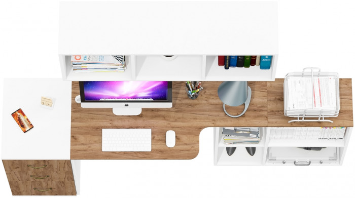 Лидер-8 Стол + Полка + Тумба МД 3.16, цвет белый шагрень/крафт золото, ШхГхВ 205х50/30х75/190 или 155х80/50х75/190 см., НЕ универсальная сборка