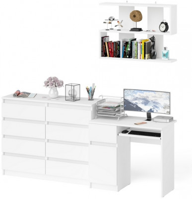Мори Стол компьютерный МС-1 левый + Комод МК1200.8 + Полка 900, цвет белый, ШхГхВ 210,4х50х209,6 см., НЕ универсальная сборка