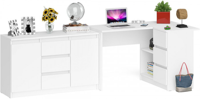 Мори Стол компьютерный МС-16 правый + Комод МК1200.3, цвет белый, ШхГхВ 244,8х84,9х76,6 см., выдвижные ящики справа, НЕ универсальная сборка