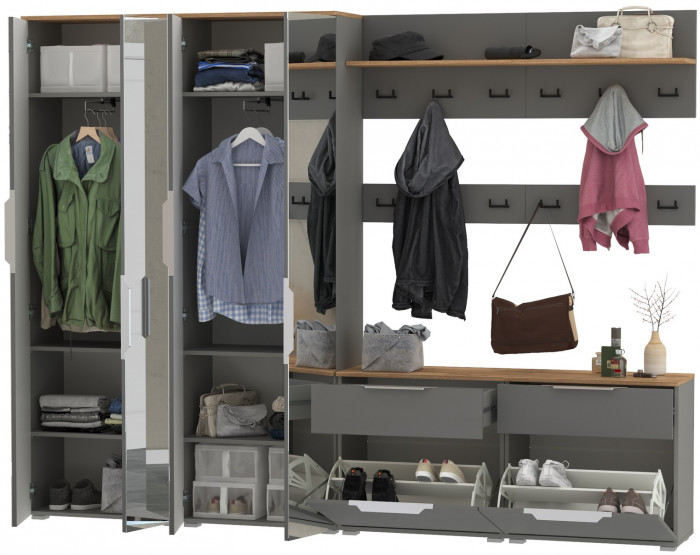 Октава Прихожая 36, цвет серый графит/дуб крафт золотой/фасады МДФ серый графит, ШхГхВ 258,6х35,4х197,6 см., универсальная сборка