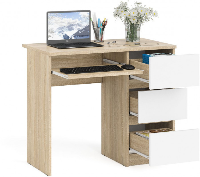 Мори Стол компьютерный МС-6 правый, цвет дуб сонома/белый, ШхГхВ 90х50х76,6 см., выдвижные ящики справа, НЕ универсальная сборка