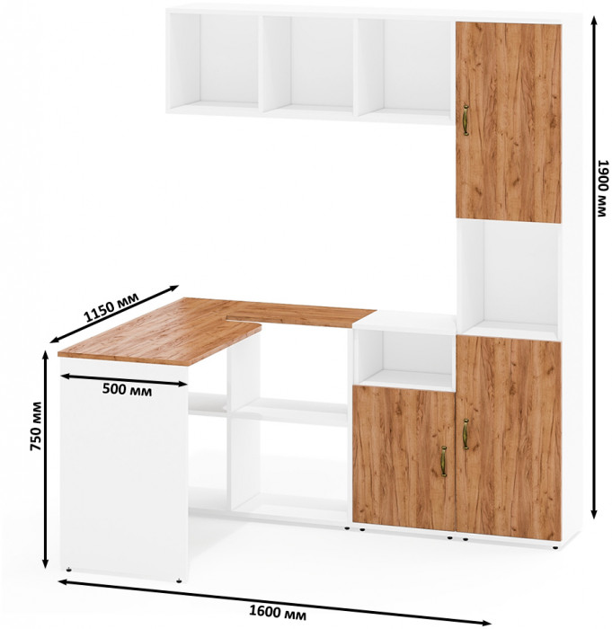 Лидер-8 Стол + Полка + Тумба МД 3.19 + Пенал, цвет белый шагрень/крафт золото, ШхГхВ 245х50/30х75/190 или 160х115/30х75/190 см., НЕ универс. сб.