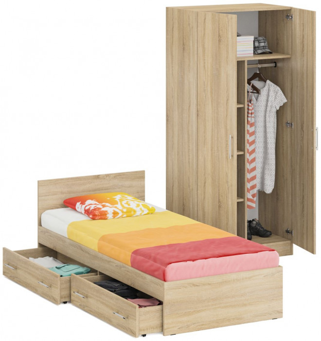 Кровать с ящиками 0900 + Шкаф 2-х створчатый Стандарт, цвет дуб сонома, ШхГхВ 93,5х203,5х70 + 90х52х200 см., сп.м. 900х2000 мм., б/м, основание есть