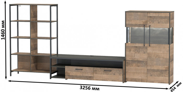 Трувор Гостиная 058, цвет дуб гранж песочный/интра, ШхГхВ 325,6х45,4х146 см., универсальная сборка