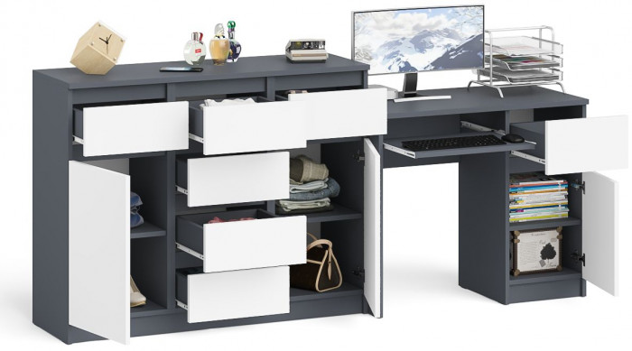Мори Стол компьютерный МС-1 правый + Комод МК1200.4, цвет графит/белый, ШхГхВ 210,4х50х94 см., выдвижной ящик справа, НЕ универсальная сборка