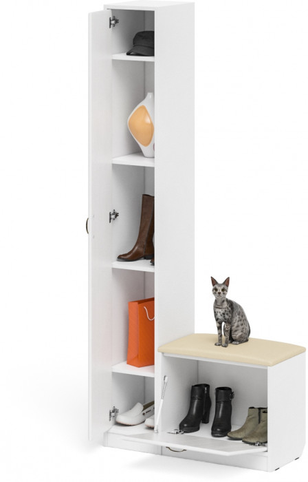 Прихожая П-6 Компоновка № 19, цвет белая шагрень/фасады МДФ белое дерево фрезеровка ромб, ШхГхВ 90х35х210 см., универсальная сборка