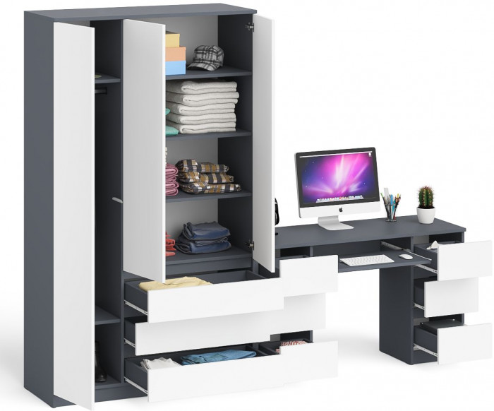 Мори Стол компьютерный МС-2 + Шкаф МШ1200.1, цвет графит/белый, ШхГхВ 255,8х50,4х209,6 см., универсальная сборка