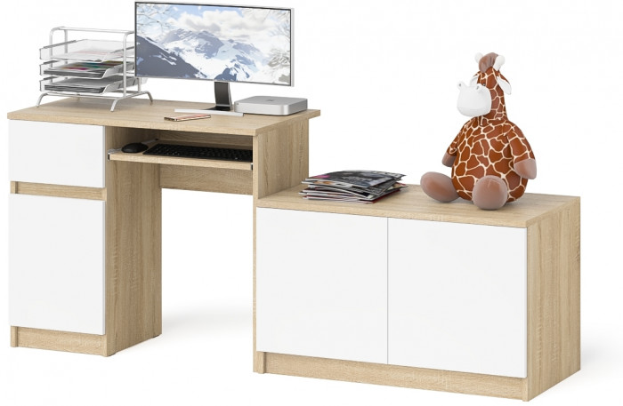 Мори Стол компьютерный МС-1 левый + Тумба МА900.1, цвет дуб сонома/белый, ШхГхВ 180,4х50,4х76,6 см., выдвижной ящик слева, НЕ универсальная сборка