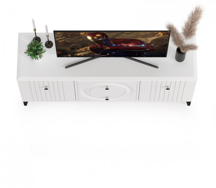 Валенсия Гостиная 16.45 Тумба под ТВ, цвет ЛДСП белый шагрень/МДФ белый шагрень, ШхГхВ 133,1х38,3х63,7 см.