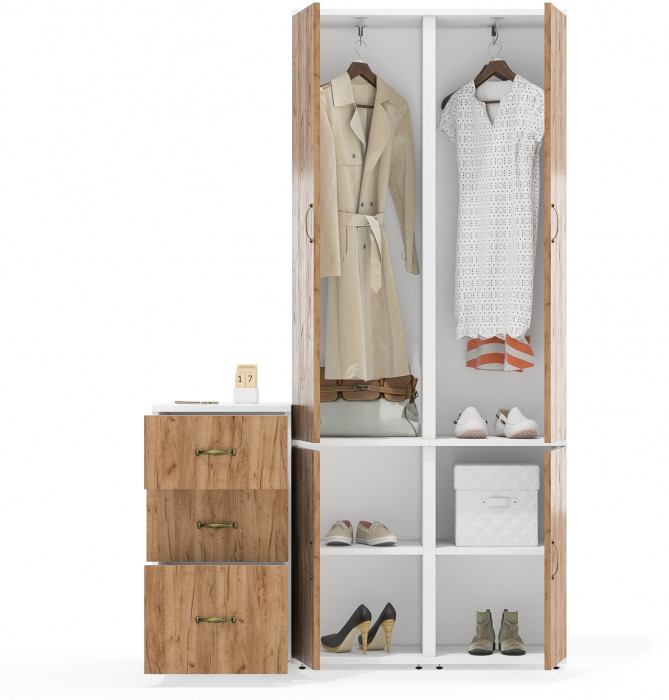 Лидер-8 Пенал МД 21Б + Пенал МД 21Б + Тумба МД 3.16, цвет белый шагрень/крафт золото, ШхГхВ 120х50х190 см., универсальная сборка