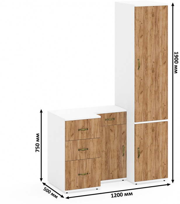 Лидер-8 Пенал МД 23Б + Тумба МД 3.15 + Тумба МД 3.16, цвет белый шагрень/крафт золото, ШхГхВ 120х50х190 см., универсальная сборка