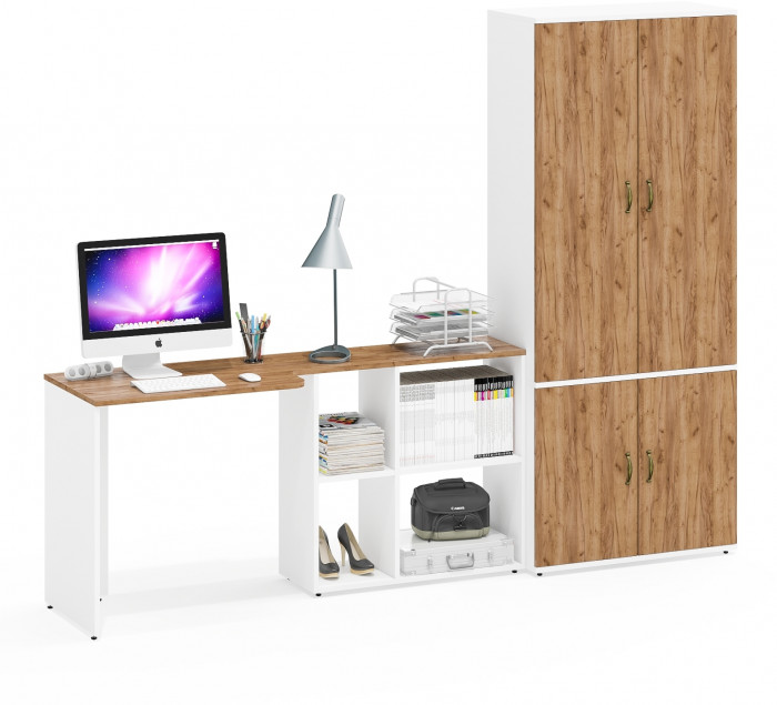 Лидер-8 Стол + Шкаф МД 20Б, цвет белый шагрень/крафт золото, ШхГхВ 245х50/37,5х75/190 или 115х160/50х75/190 см., НЕ универсальная сборка