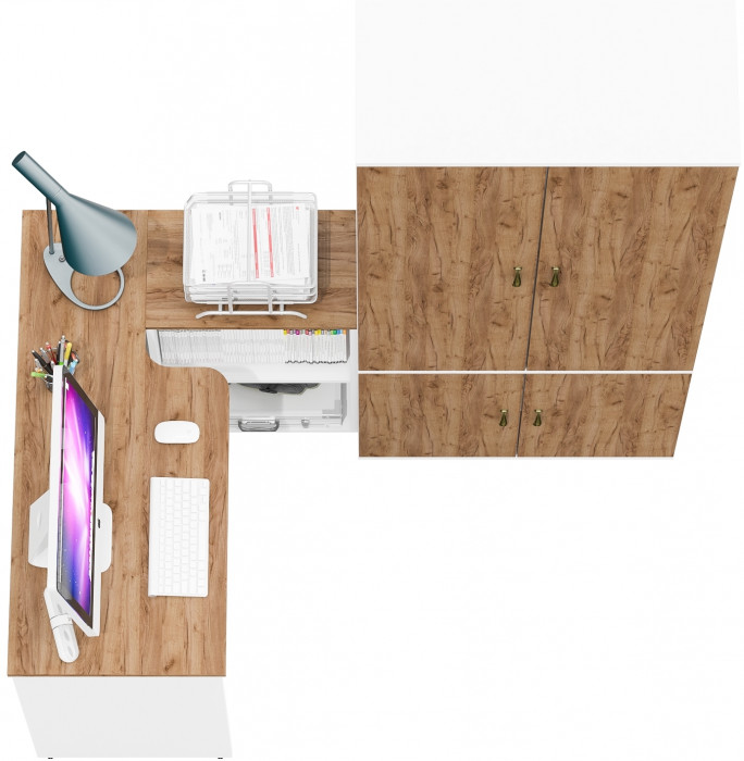 Лидер-8 Стол + Шкаф МД 20Б, цвет белый шагрень/крафт золото, ШхГхВ 245х50/37,5х75/190 или 115х160/50х75/190 см., НЕ универсальная сборка