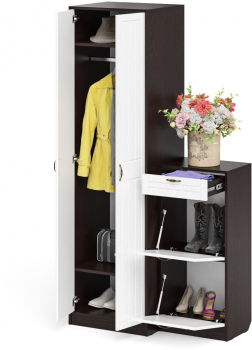 Прихожая П-6 Компоновка № 16, цвет венге/фасады МДФ белое дерево фрезеровка прованс, ШхГхВ 110х50х210 см., универсальная сборка