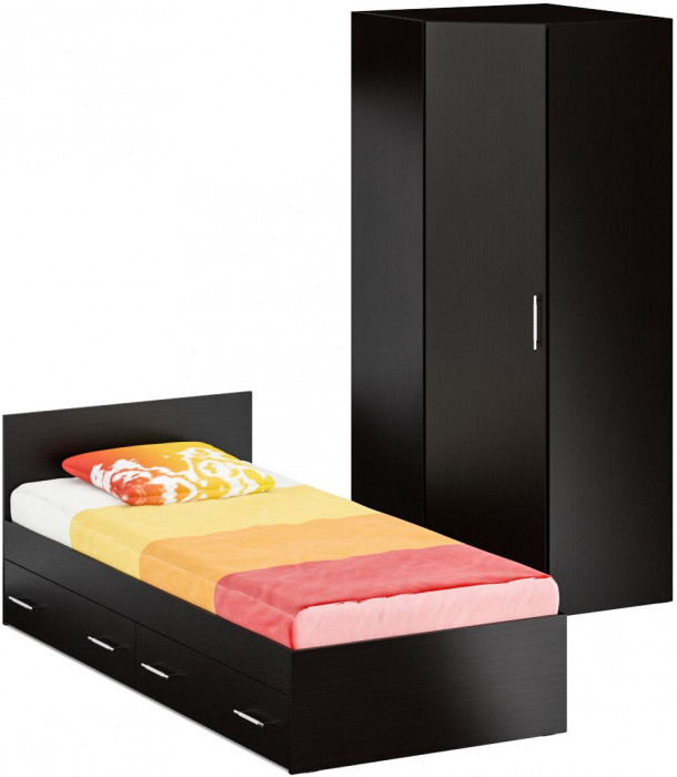 Кровать с ящиками 0900 + Шкаф угловой Стандарт, цвет венге, ШхГхВ 93,5х203,5х70 + 81,2х81,2х200 см., сп.м. 900х2000 мм., без матраса, основание есть