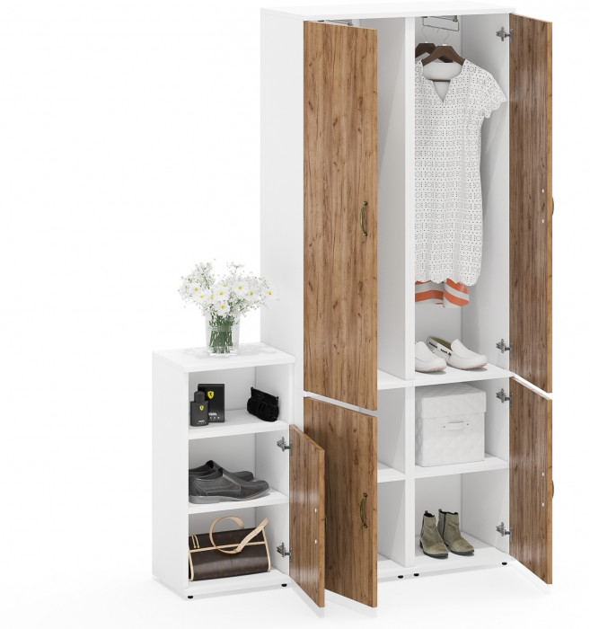 Лидер-8 Пенал МД 21Б + Пенал МД 21Б + Тумба МД 3.19, цвет белый шагрень/крафт золото, ШхГхВ 120х37,5х190 см., универсальная сборка