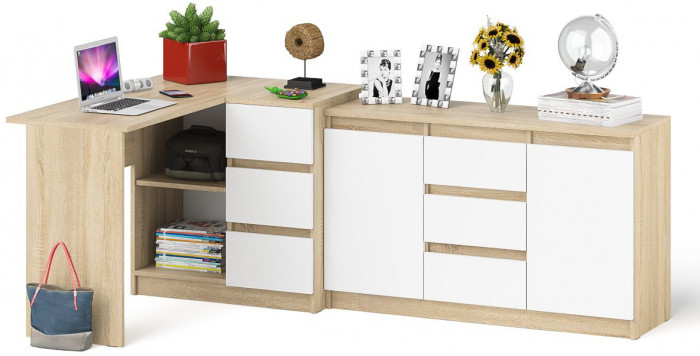 Мори Стол компьютерный МС-16 правый + Комод МК1200.3, цвет дуб сонома/белый, ШхГхВ 244,8х84,9х76,6 см., выдвижные ящики справа, НЕ универс. сборка