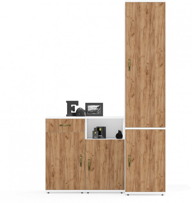 Лидер-8 Пенал МД 23Б + Тумба МД 3.15 + Тумба МД 3.19, цвет белый шагрень/крафт золото, ШхГхВ 120х50х190 см., универсальная сборка