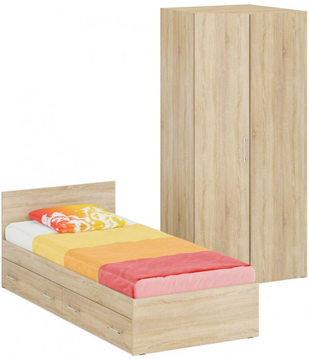 Кровать с ящиками 0900 + Шкаф угловой Стандарт, цвет дуб сонома, ШхГхВ 93,5х203,5х70 + 81,2х81,2х200 см., сп.м. 900х2000 мм., б/м, основание есть