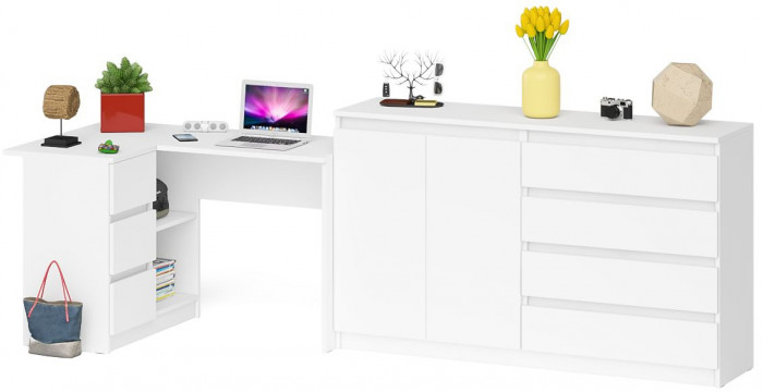 Мори Стол компьютерный МС-16 левый + Комод МК1600.1, цвет белый, ШхГхВ 284,8х84,9х94 см., выдвижные ящики слева, НЕ универсальная сборка