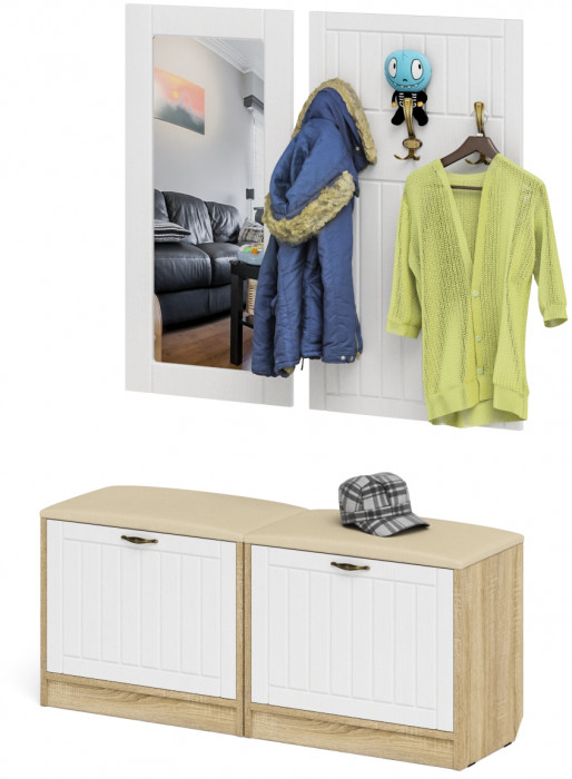 Прихожая П-6 Компоновка № 02, цвет дуб сонома/фасады МДФ белое дерево фрезеровка прованс, ШхГхВ 120х35х200 см.