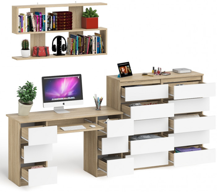 Мори компьютерный стол МС-2 + Комод МК1200.10 + Полка 1200, дуб сонома/белый