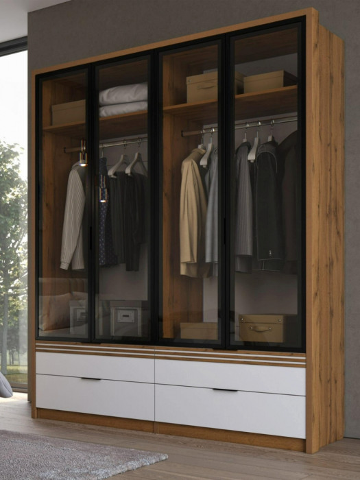 Шкаф-витрина 4-х створчатый с ящиками, Дуб вотан/Белый (Профиль МДФ Дуб вотан)