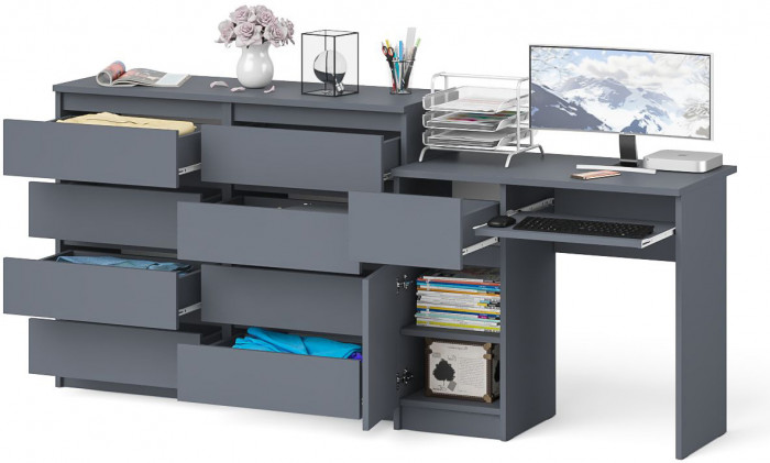 Мори Стол компьютерный МС-1 левый + Комод МК1200.8, цвет графит, ШхГхВ 210,4х50х94 см., выдвижной ящик слева, НЕ универсальная сборка