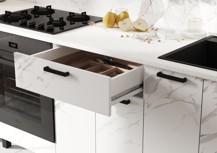 Кухня Техно 3,0/1080м Компоновка №6, Белый/Мрамор белый/Экзотическое дерево Амазония (Антарес)