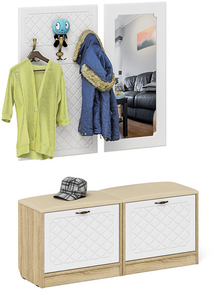 Прихожая П-6 Компоновка № 02, цвет дуб сонома/фасады МДФ белое дерево фрезеровка ромб, ШхГхВ 120х35х200 см.